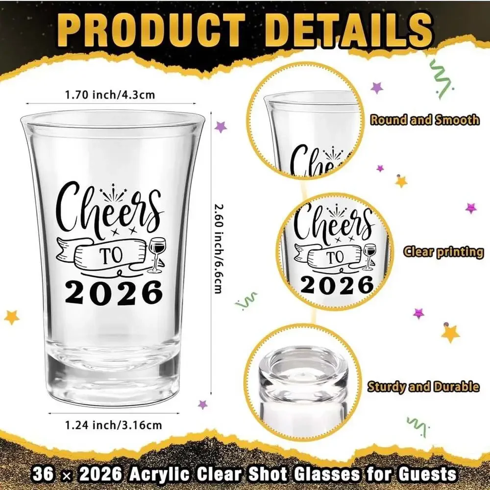 18 Sets 2026 New Year's Eve Party Favors, Acrylic Clear Shot Glasses with Cheers
